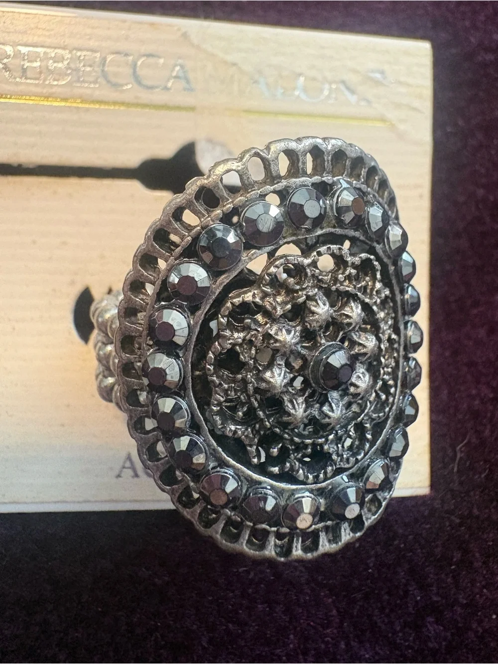 Rebecca Malone Silver-Tone Hematite Medallion Ring NWT